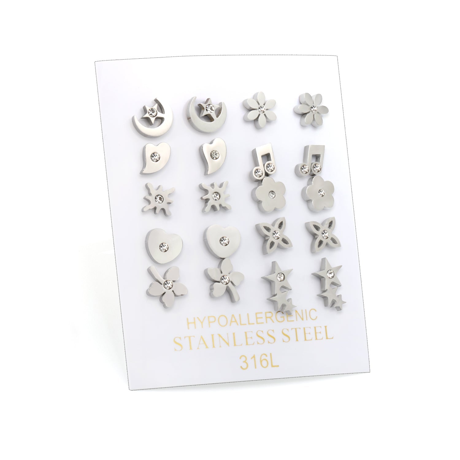 10 Pairs Mixed Cut Diamond Stud Earrings Steel Color asonjewelry